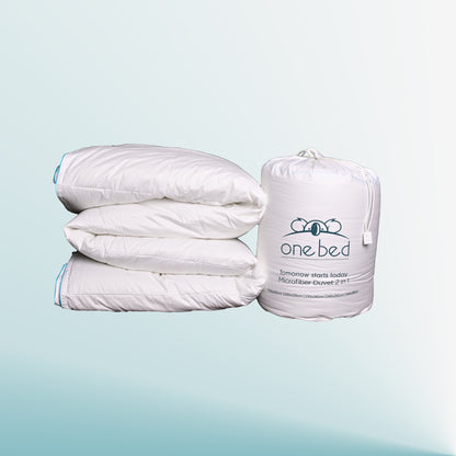 PACK SUITE COUETTE EN MICROFIBRE MODULABLE 4 SAISONS + ENSEMBLE HOUSSE COUETTE EN SATIN DE COTON